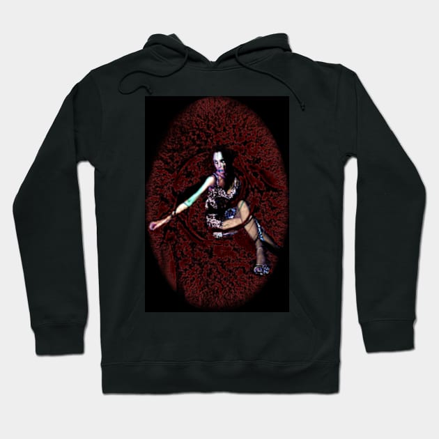 Woman in short dress, sitting in some red and black space. Weird, dark and beautiful. Hoodie by 234TeeUser234